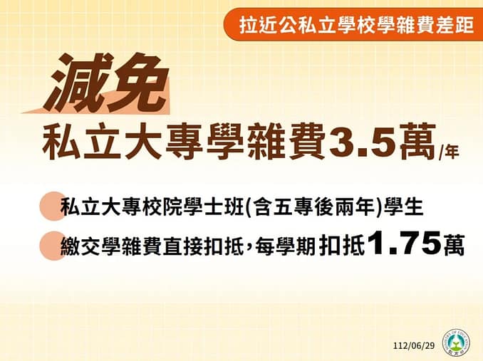 2023私大生學費補助3.5萬/高中職學費全減免錢!112行政院大撒幣政策落實教育平權 6 學費補助-一、私立大專學雜費減免3.5萬元
